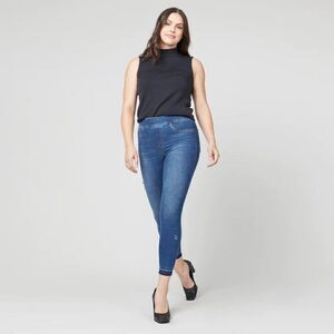 Spanx Distressed Dropped Hem Pull On Ankle Skinny Jeans in Medium Wash